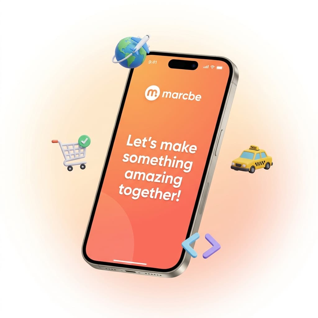 Smartphone with floating service icons representing MarCbe's mobile app development, e-commerce, travel, and taxi services