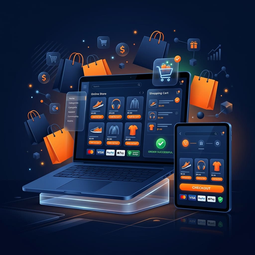 E-commerce solutions showing online store with shopping cart and payment options