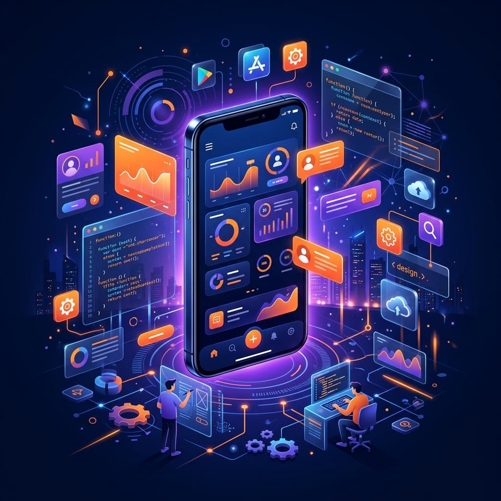 Mobile app development services showing smartphone with app interface