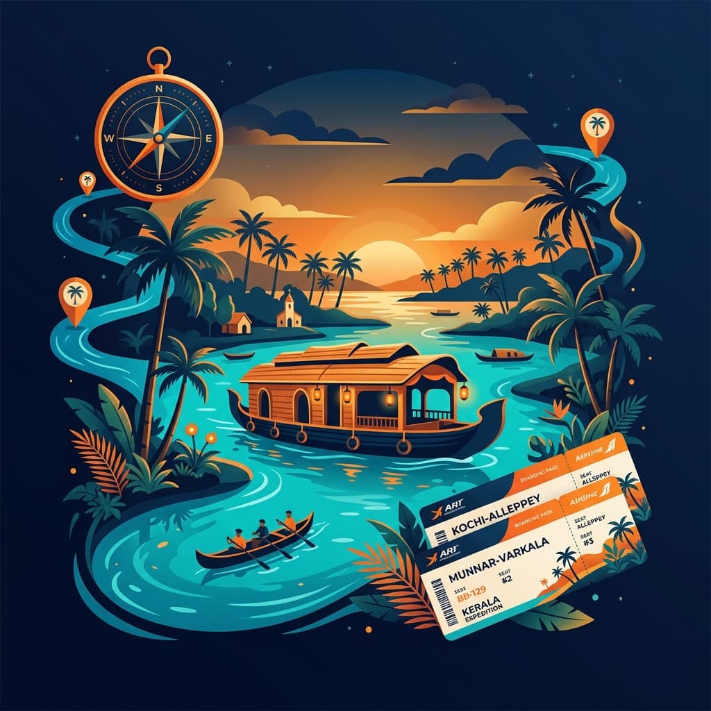 Tours and travel services showing Kerala backwaters, palm trees, and travel elements